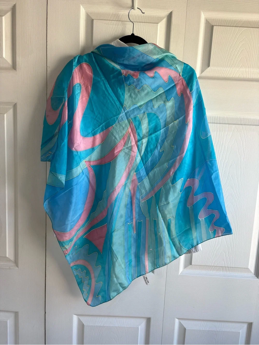 Jane Hall Blue Pink Marble Swirl Wave Abstract 6P‎ Pongee Silk Scarf Fluid Art